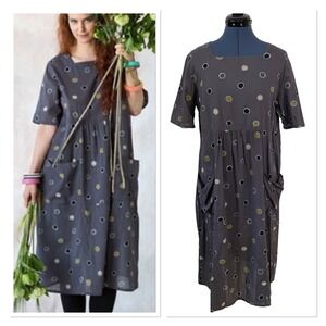 Gudrun Sjoden Gray Polka Dot Organic Cotton Oversized Midi Dress Patch Pockets M